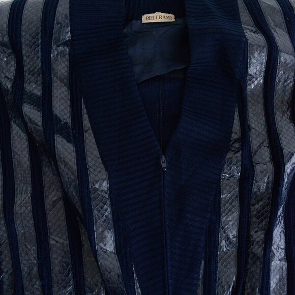 Vintage Beltrami Navy 100% Silk Zip Up Cardigan w Shoulder Pad Sweater L - Picture 10 of 14